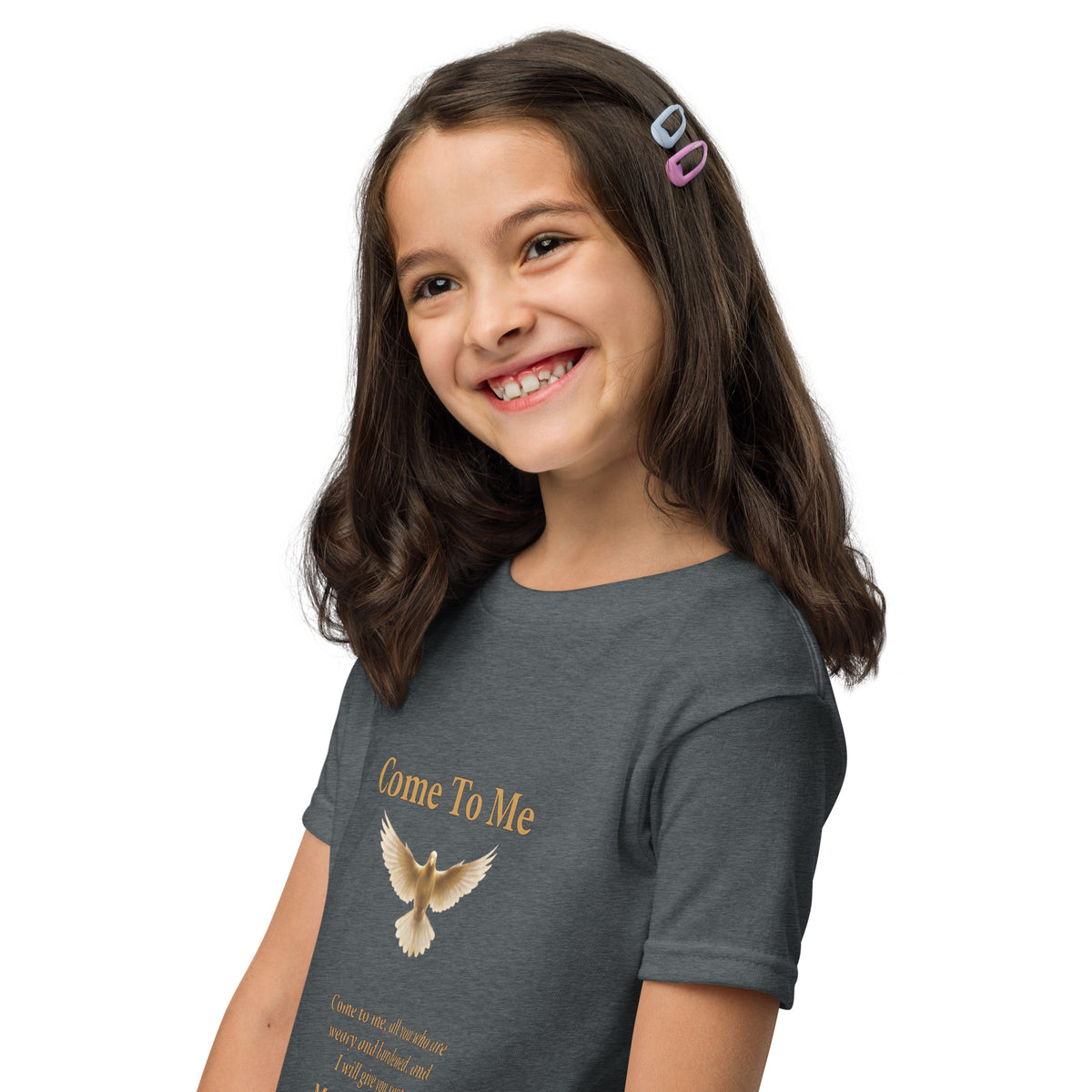 Dark heather youth T-shirt with "Come To Me" Matthew 11:28 faith message, kids' sizes, Tristan's Outlet branding visible.