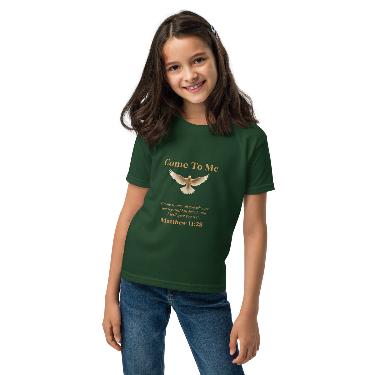 Forest green Come To Me Youth T-Shirt by Tristan's Outlet featuring Matthew 11:28 faith message for kids, front view.