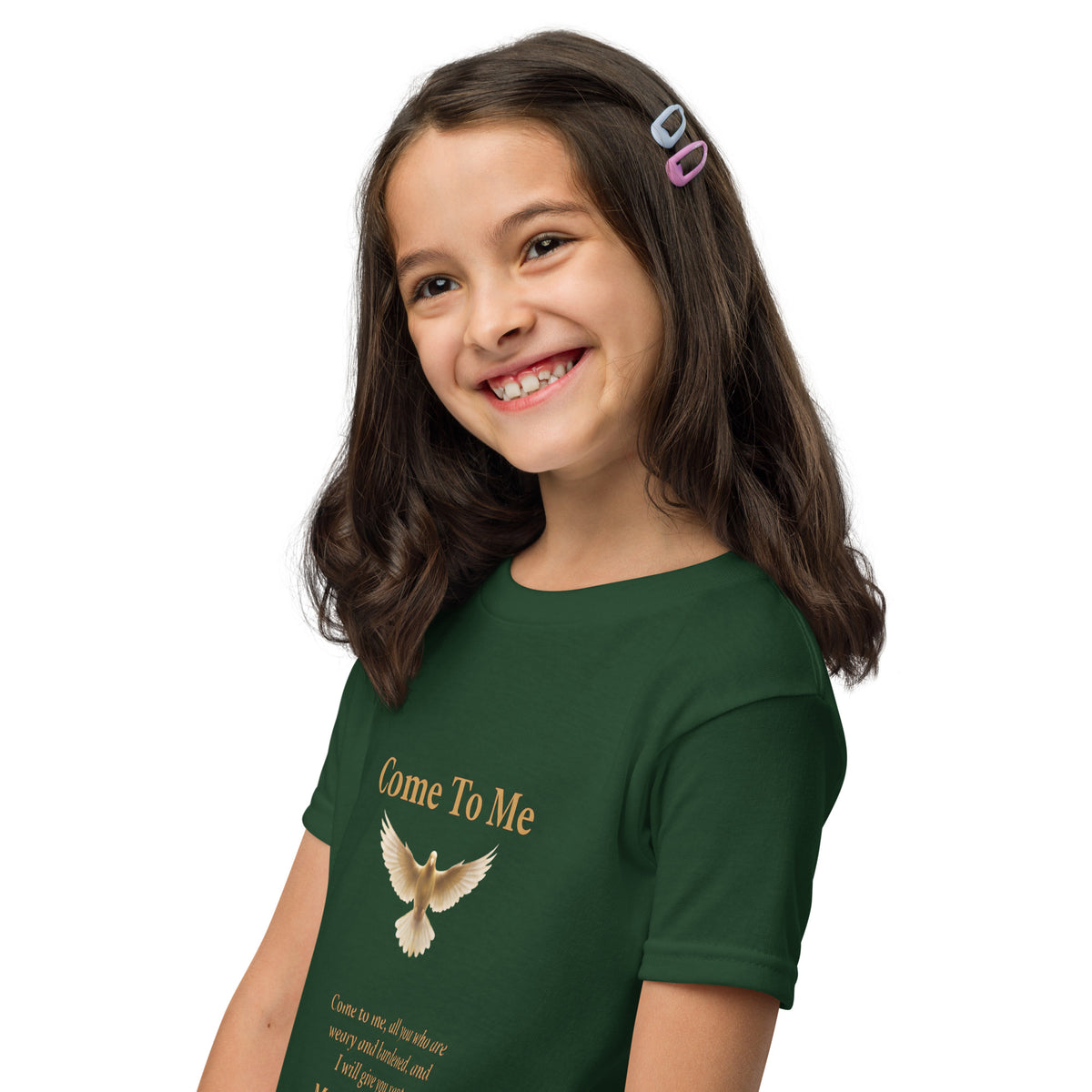 Forest green youth T-shirt with Come To Me Youth Matthew 11:28 Faith print, casual kids T-shirt from Tristan's Outlet.