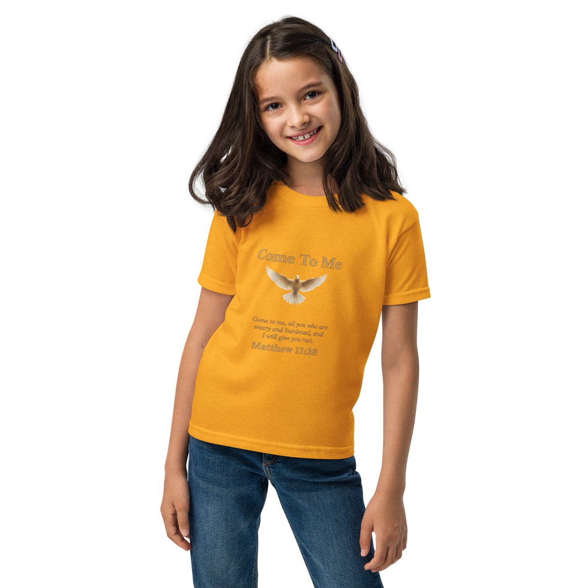 Youth kids' Come To Me Faith T-Shirt featuring Matthew 11:28 design from Tristan's Outlet, gold front, casual style.