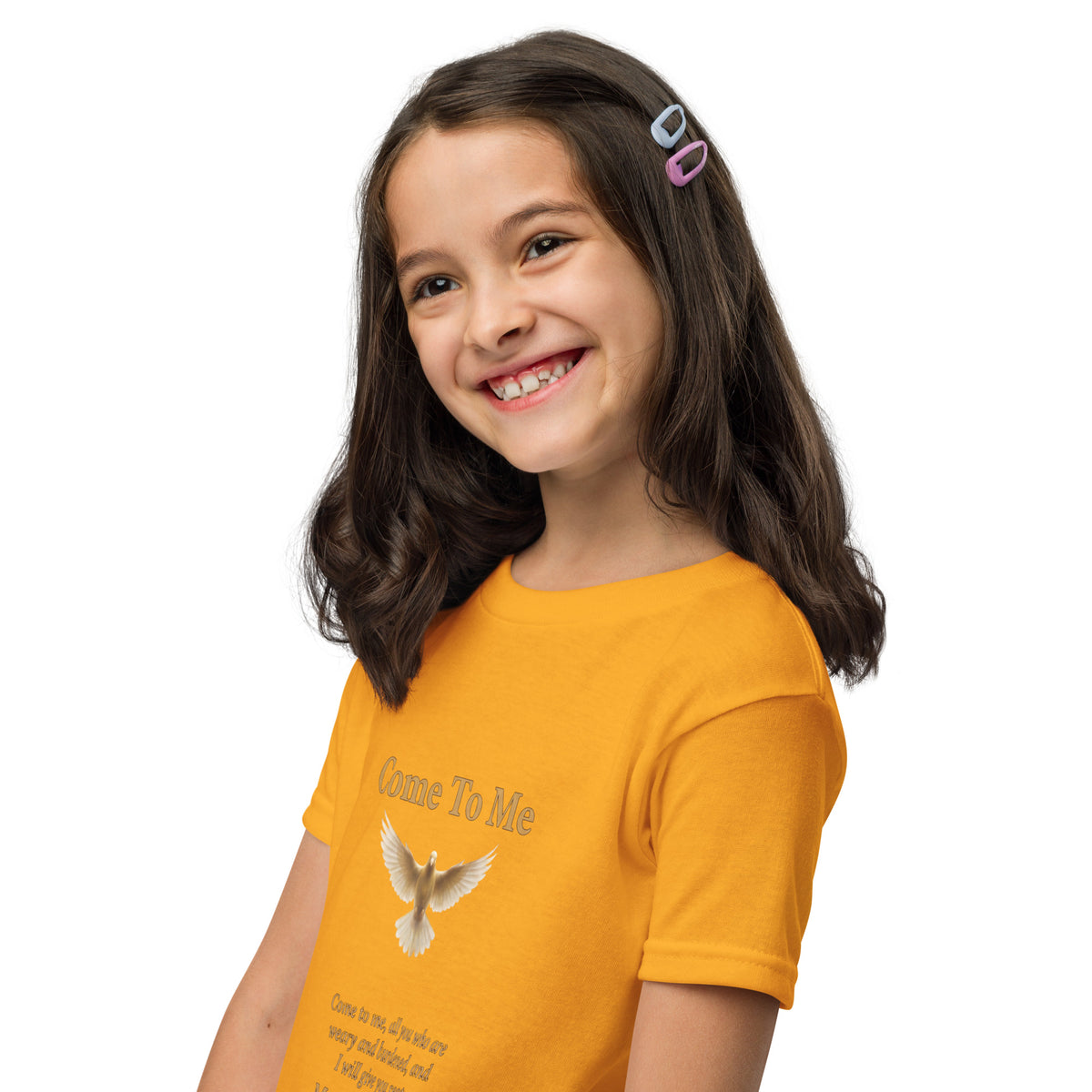 Gold youth T-shirt featuring Come To Me Youth T-Shirt design with Matthew 11:28 faith message, from Tristan's Outlet.