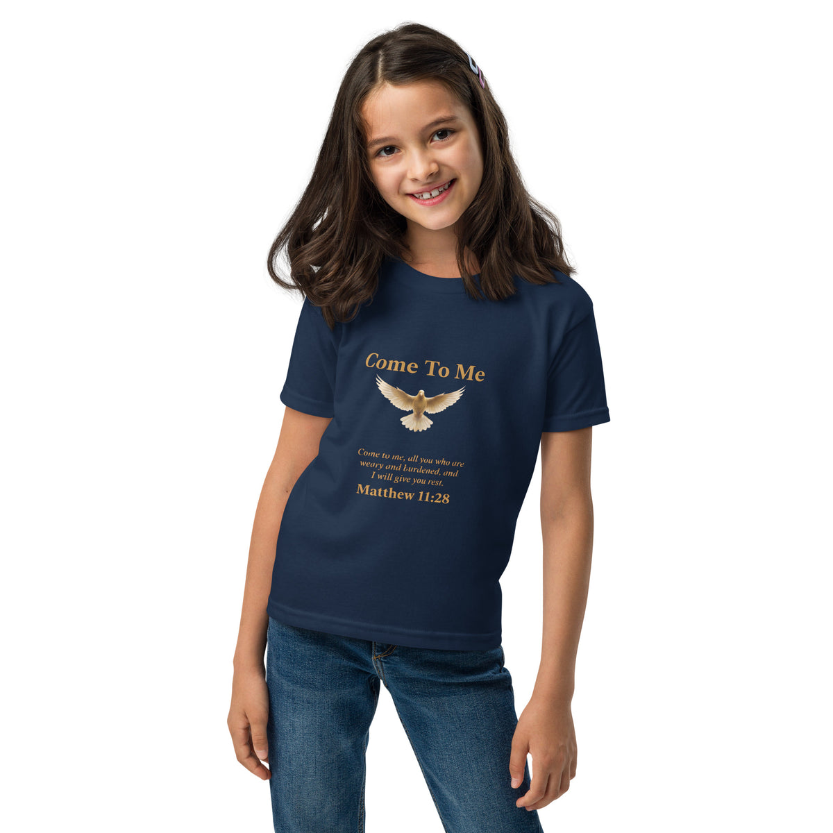 Navy kids' T-shirt featuring Matthew 11:28 faith message, Come To Me Youth T-Shirt by Tristan's Outlet, front view.