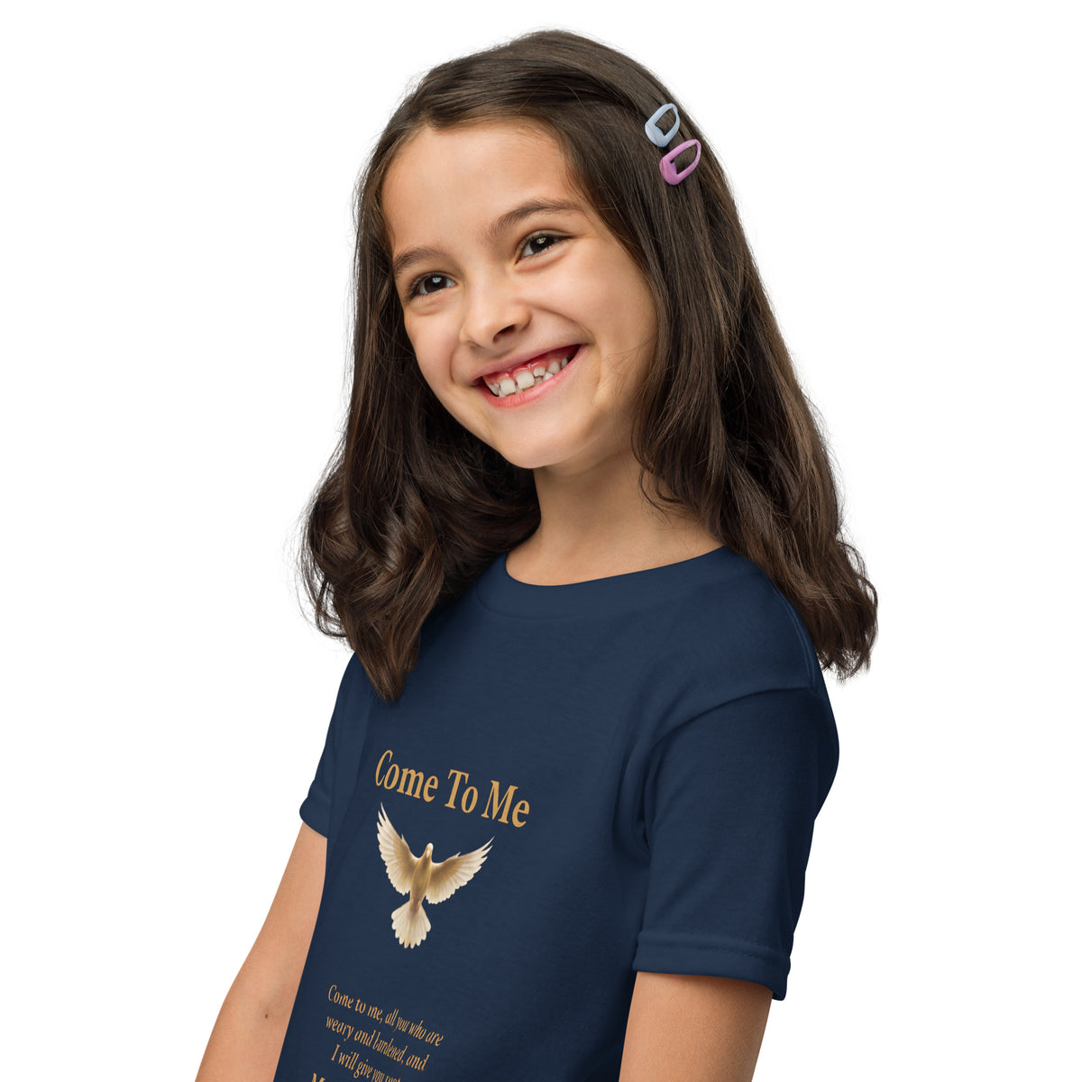 Navy youth T-shirt with Come To Me Youth T-Shirt Matthew 11:28 Faith Tee design, left front view, Tristan's Outlet brand.