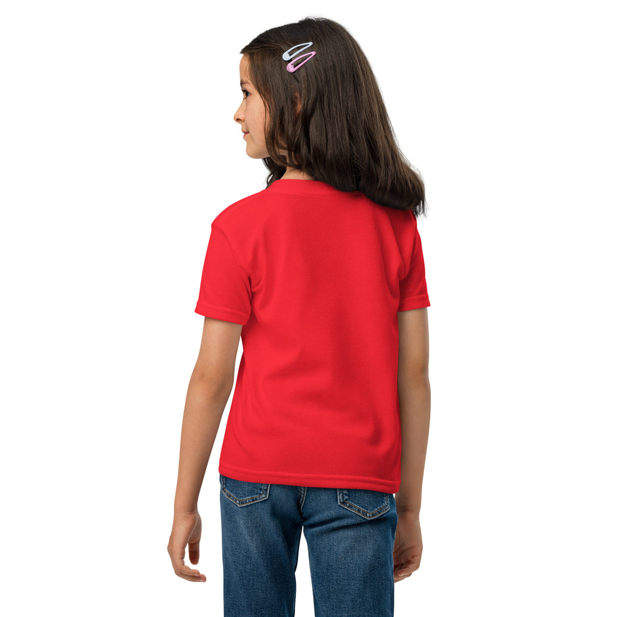 Red youth kids' T-shirt featuring the "Come To Me" Matthew 11:28 faith message, from Tristan's Outlet, seen from the back.