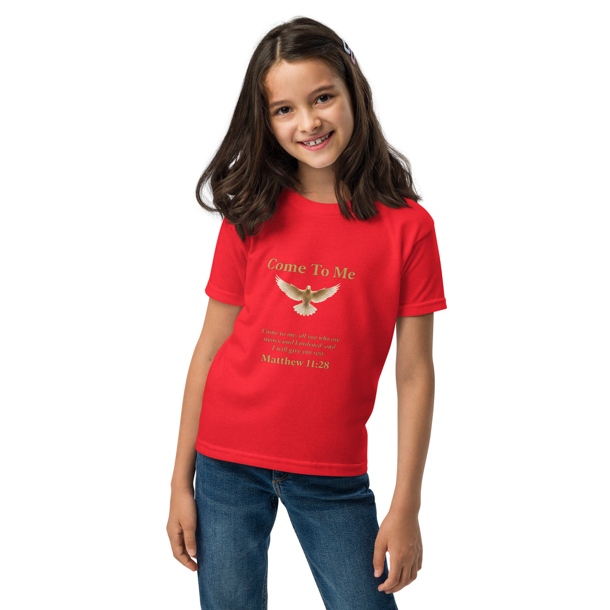 Red youth T-shirt featuring a Come To Me Youth T-Shirt design with Matthew 11:28 faith message, from Tristan's Outlet.