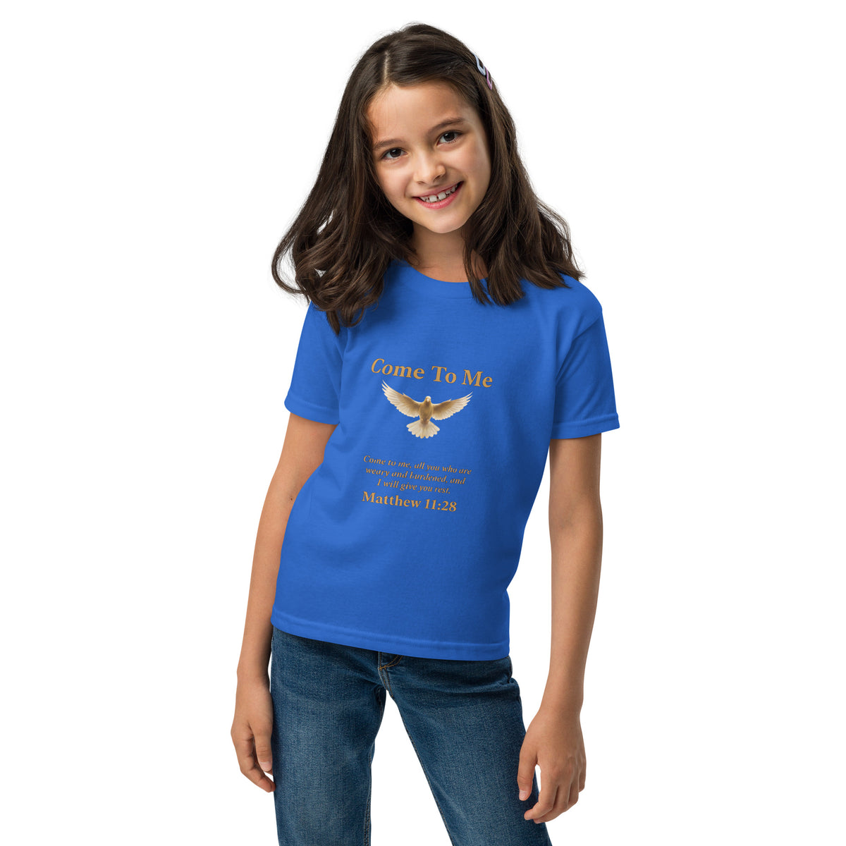 Royal blue Come To Me Youth T-Shirt featuring Matthew 11:28 faith message, designed for kids by Tristan's Outlet.