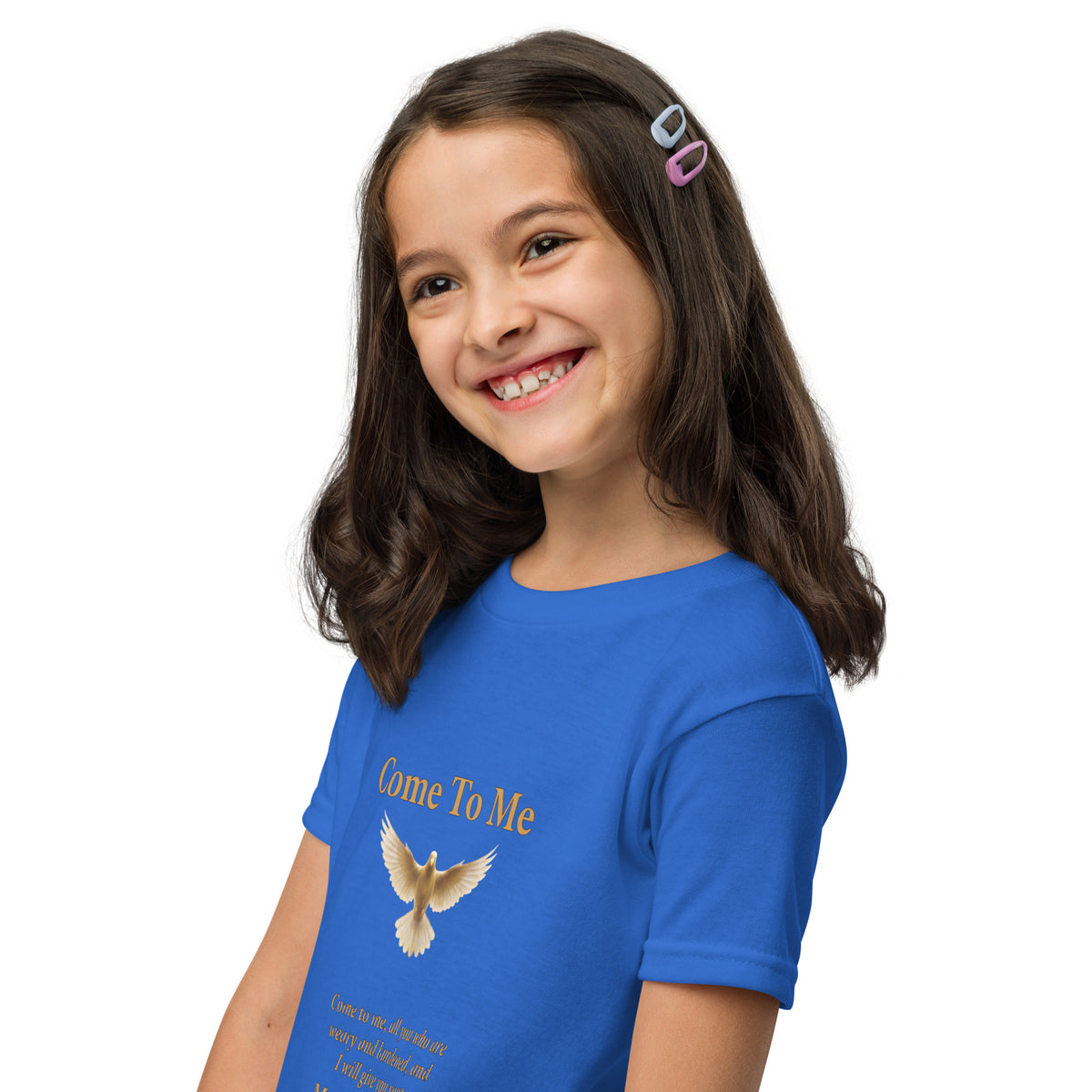 Royal blue youth T-shirt with Come To Me Youth T-Shirt Matthew 11:28 Faith design, featuring a kids' sports-inspired style.